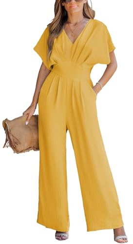 CUPSHE Womens Summer Jumpsuit V-Neck Short Dolman Sleeve Overall Wide Leg Long Playsuit Casual Holiday Outfits Yellow M