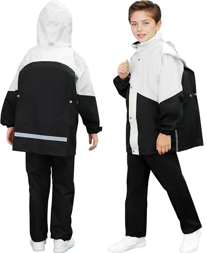 Baogaier Kids Waterproof Suit Boys Girls Hooded Raincoat Rain Trousers Set Lightweight Breathable Puddle Suit with Storage Bag Rainwear for Camping Hiking Age 9-10 Years, Black White