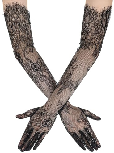 Nogeqi Lang Spitzenhandschuhe Schwarz Spitze Handschuhe Lang Schwarze Blumen Spitzen Vintage Abendhandschuhe Damen 1920er Long Lace Gloves für Braut Hochzeit Oper Halloween Teeparty Karneval Kostüm