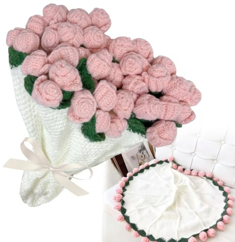 bechoanigel Fertige Häkelblumenstrauß Decke – Handgemachte Rosen Kuscheldecke, Bunte Blumendecke Geschenk für Mutter, Frau, Freundin – Sofa Bettdecke für Geburtstag, Muttertag (Rosa, 60×60 cm)