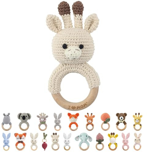 I LOVE MOM Hochet pour bébé - Anneau de dentition en bois crocheté - Jouet en bois avec son - Cadeau pour nouveau-né garçon et fille - Cadeau de naissance