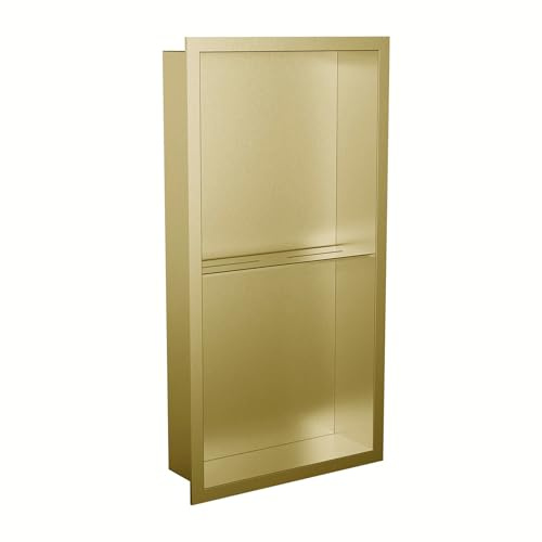 Valve Kings 300 x 600mm Brushed Brass/Gold Stainless Steel Shower Niche With Shelf Rectangle Sleek Recessed Bathroom Wetroom Shelf Pre-Built 100% Waterproof Easy Install