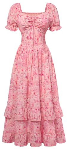 Scarlet Darkness Women Floral Cottagecore Dress Puff Sleeve Maxi Ruffled Corset Dress Pink Floral S