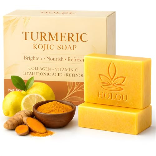 Turmeric Kojic Acid Soap – Luxury Brightening Turmeric Soap Bar 2-Pack for Glowing Skin & Dark Spot Reduction – Natural Exfoliating Tumeric and Kojic Acid Formula – Spa-Inspired Self-Care by Holou