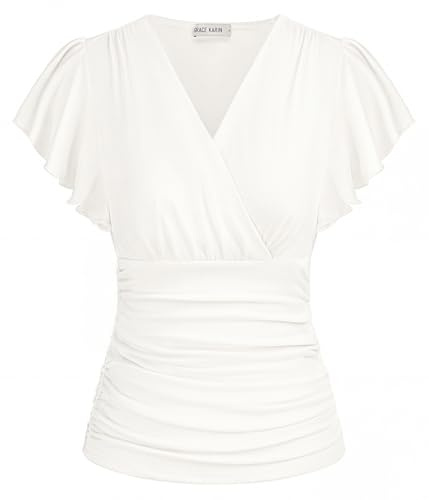 GRACE KARIN Damvolang, blus, v-ringad, kortärmade toppar, elegant veckad topp, slim fit, omlottblus, Elfenben vit, M