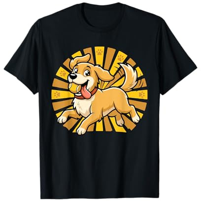 Joyful Golden Retriever Saltando Palla da Tennis Cartone Animato Cane Amore Maglietta