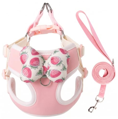 Hundsele och koppel set, justerbar söt valpsele för små hundar med jordgubbsbåge, storlek L