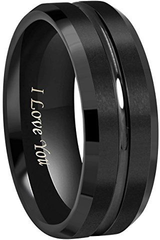 CROWNAL 4mm 6mm 8mm Black Tungsten Wedding Band Ring Men Women Beveled edges Polished Grooved Center Engraved I Love You Size 3.5 To 17 (8mm,17)