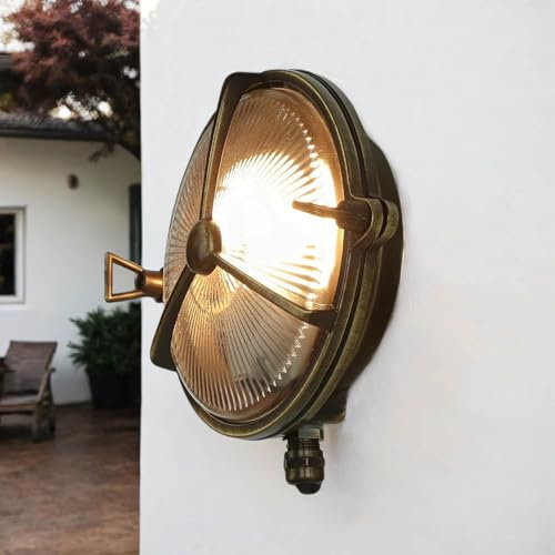 Licht-Erlebnisse Wetterfeste Wandlampe Messing Glas rund IP64 Maritime Lampe Draußen Haustür Terrasse Balkon