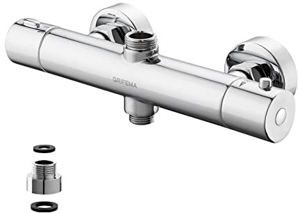 GRIFEMA G17005 Thermostatic Shower Mixer Bar Two Outlet, Wall Mounted Shower Mixer Tap,Anti-Scald, with TOP 3/4 and Bottom 1/2 BSP, Chrome,Silver