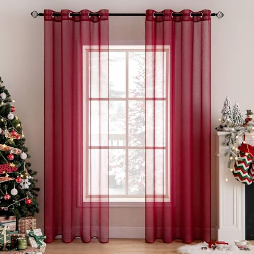 MIULEE 2 Panels Sheer Voile Eyelet Curtains Red 55 Wx85 L | Lightweight voile sheer drapes, soft light filter, eyelet grommet easy install, elegant decor for bedroom living room