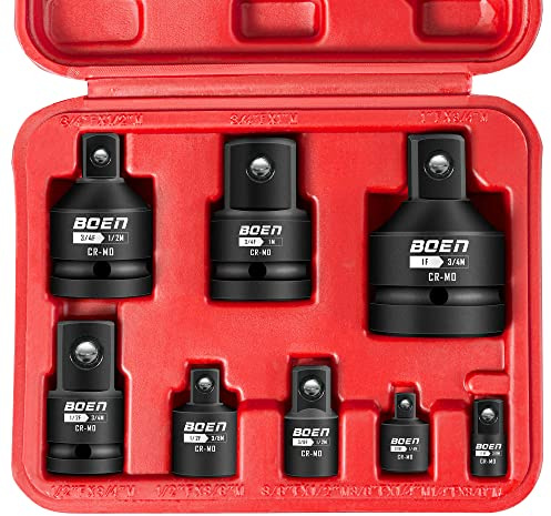 BOEN 8 Piece Impact Socket Adapter and Reducer Set, 1/4 3/8 1/2 3/4 Drive Socket Adapter Set with Durable Case for Impact Driver Conversions (Upgraded)