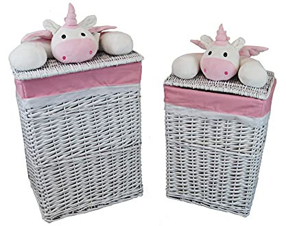 Wäschekorb Wäschetonnen Wäschetruhe Weide weiß rosa Einhorn 2x Varianten (gr.L BxTxH 45x35x58)