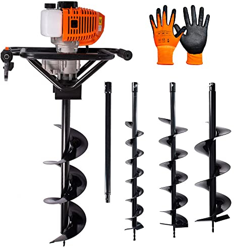 AMC Trivella a scoppio con motore da 52cc 2 tempi con prolunga da 50 cm e 3 punte intercambiabili da 100-150-200mm, mototrivella trivellatrice da giardino e campi, utilizzo professionale e fai da te