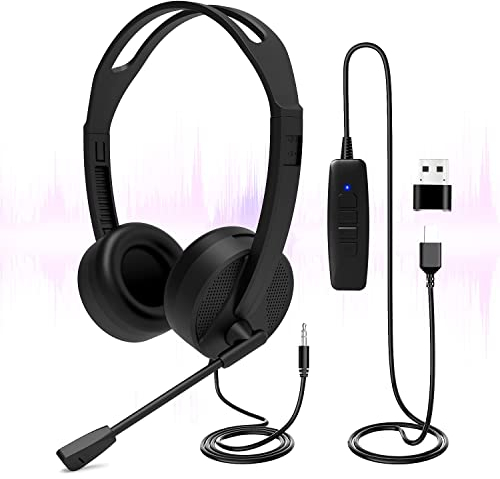 USB Headset with Microphone, 3.5mm/USB Jack 2-In-1 Computer Headset with Noise Cancelling & Audio Controls for Laptop Tablet, PC Headphone for Skype Call Center, Business Chat, Gaming, Teaching, etc