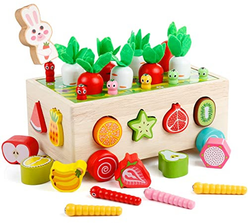 WolinTek Angelspiel Holzspielzeug Montessori Spielzeug ab 1 Jahr, Motorikspielzeug,Baby Motorik Spielzeug für 12 Monate Montessori Sortierspiel Holzpuzzle Karottenernte Lernspielzeug für Kinder