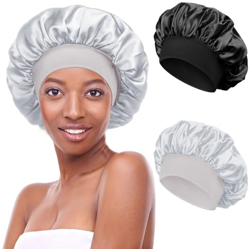Lot de 2 chapeaux de nuit en satin, bonnet de nuit en soie pour femme, noir/argenté, 40 à 58 cm