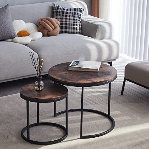 EGOONM 2er Set Couchtisch Rund, Satztische - Wohnzimmertisch Rund, Moderne Couchtische für Wohnzimmer und Balkon (MDF), 60 * 60 * 45 cm (groß) + 40 * 40 * 35 cm (klein) (Vintage schwarz)
