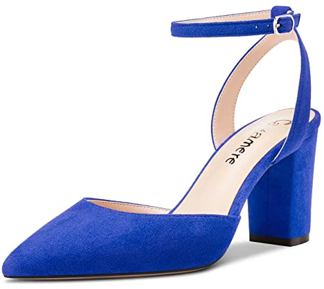 Castamere Femmes Bloc Chunky Haut High Talon Heel Pointu Bout Lanières Cheville Two-Piece Escarpins Mariage Dress 8 CM Heels Bleu Roi 39 EU