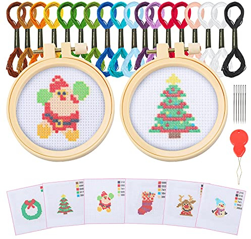 Ysimple Ricamo Starter Kit - Kit per Punto Croce per Bambini, Kit Ricamo per Principianti, Contiene 6 Il Punto Croce, 2 Telaio da Ricamo Con Motivo, 19 Colori di Filo, per Bambini e Principianti