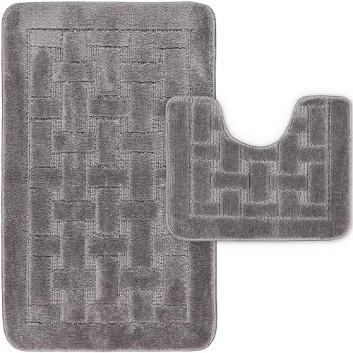 LS DECOR Luxury 2 Piece Block Bath Mat Set Non Slip Ultra Soft Bathroom Mats Water Absorbent Bath Mats Machine Washable Rug Toilet Mat for Bathroom Floor (CHARCOAL)