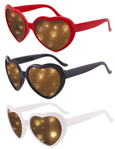 Herz Brille Effekt, Herzförmige Brille 3d Effekt, 3 Stück Pfirsichherz Spezialeffektbrille, Beugungsbrille mit Herz-Effekt Rot Weiß Schwarz, Vintage Herzform Brille für Party, Halloween, Karneval