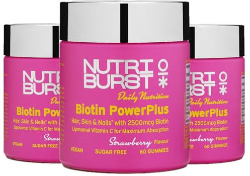 Nutriburst Biotin Power Plus Multipack - Biotin (2500mcg) + Liposomal Vitamin C for Healthy Hair & Glowing Skin - Strawberry Flavour - 3 x 60 Gummies / 3 Month Supply - Suitable for Vegans