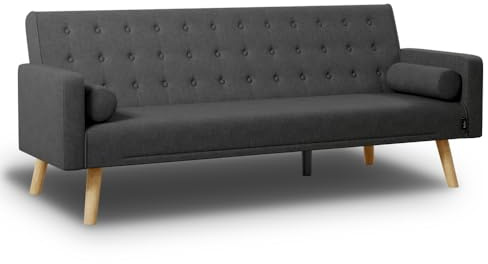 Nalui - Sofá Cama 3 Plazas Acolchado 203x82x78cm One Dots, 2 Cojines y Apertura Clic-Clac con Reclinación Ajustable. Sofá Cama Chaise Longue con Patas de Madera Convertible en Cama Doble|Gris Oscuro