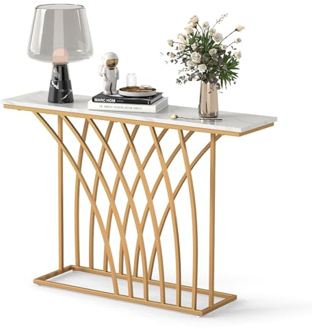 GIANTEX Tavolo da Console Ingresso Moderno con Piano in Finto Marmo, Struttura Geometrica in Metallo Dorato, 120 x 30 x 80 cm, Oro e Bianco