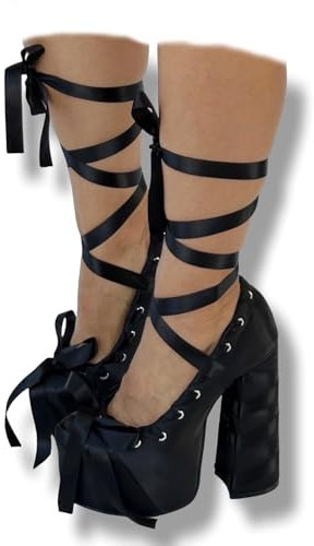 Frankie Hsu Handmade Sexy Chunky Platform High Heeled Pumps, Cute Lovely Black Satin Ribbon Bow Knot Ballet Goth Lollita Hot Girl, Big Large Size Shoes For Women Men, Black, 16