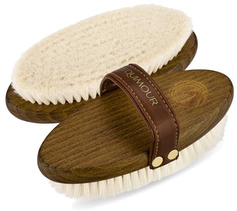Equimour Glanzbürste – Pferdebürste mit 100 % Ziegenhaar – aus Holz & veganem Leder – Sanfte Fellpflege für strahlenden Glanz – Effektiv & hautfreundlich – Pferde Putzzeug & Zubehör