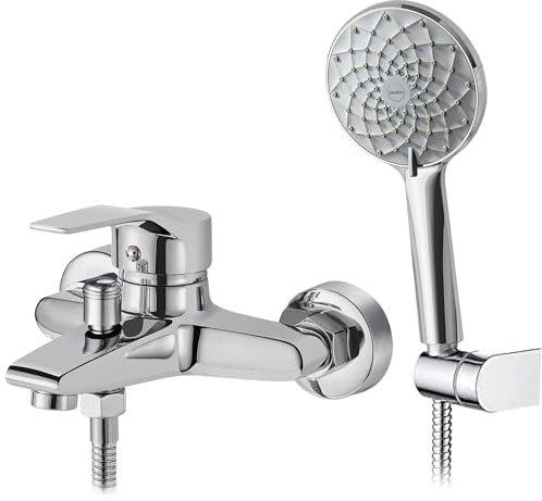 Sumeber Robinet de baignoire avec douchette - Sortie de douche 1/2 - Corps en laiton de qualité supérieure et robinet de douche résistant aux rayures, facile à nettoyer - Facile à installer - Chromé