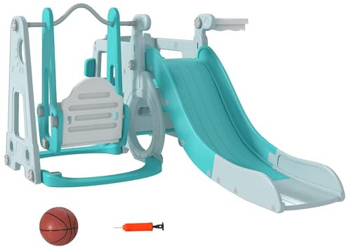 AIYAPLAY Juego de Tobogán y Columpio para Niños 6 en 1 Parque Infantil Tobogán para Bebés de 18-48 Meses con Volante Bocina y Baloncesto Carga 50 kg 201x151x87,5 cm Azul Claro
