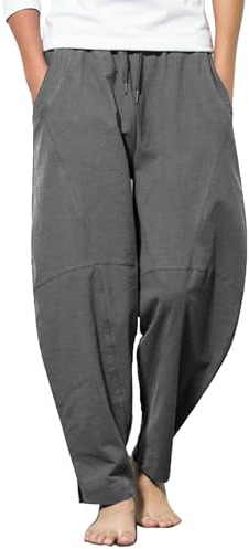 COOFANDY Herren Hosen Lang Loose Fit Sommer Leinenhosen Haremshose Herren mit Taschen Freizeithose Herren Yogahose Strand Hose Dunkelgrau XL