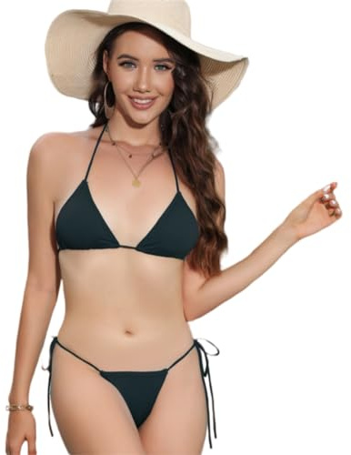 2 Piezas Traje de Baño de Mujer Acolchada Clásico Ajustable Halter Triángulo Bikini Top Bikini Tanga Brasileño Cintura Baja（Negro）