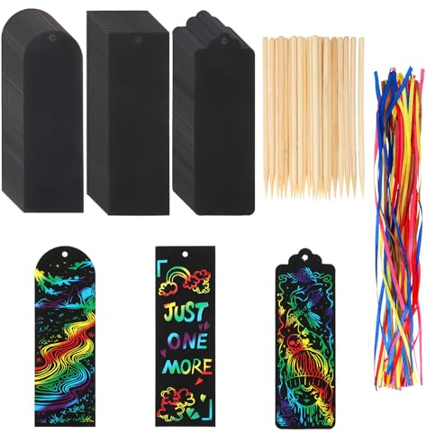 Dimeho 48Pcs Scratch Bookmarks Scratch Paper Art Bookmarks Craft Kits Bookmark Students Party Favors Rainbow DIY Bookmark Hanging Gift Tag with Scratching Tools Ribbon for Classroom 3 Style