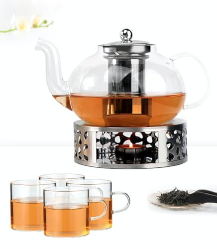ChaiChic Teekannen 4er-Set mit Sieb, 4 Gläsern und Teeaufwärmer | 1200ml Teekanne aus robustem Borosilikatglas | Feinmaschiges Metall Sieb aus bewährtem Edelstahl | Anti-Tropf-Ausgießer
