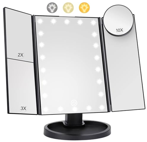 KOOSREEL Lighted Makeup Mirror with 22 LED Lights, Dual Power Supply 1x/2x/3x/10x Magnifying Touch Screen Dimmable Mirror, 180 Degree Adjustable Angle, Travel Cosmetic Mirrors - Black