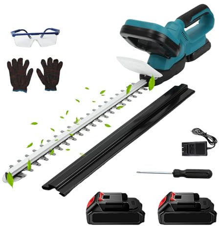 Taille-Haies Professionnel sans Fil 21V, Taille Haie Electrique avec 2* Batterie et Chargeur Rapide, avec Double Lame, Diamètre de Coupe 15mm, Longueur de Coupe 55 cm, pour Arbustes, Jardin (Bleu)