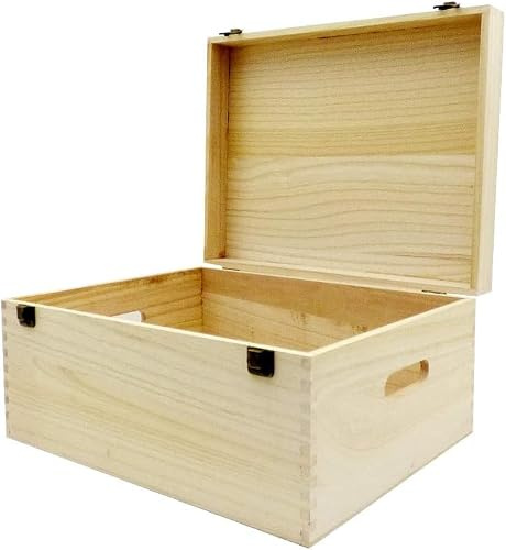 Unvarnished Wooden Storage Box with Hinged Lid and Clasps, 40 x 30 x 20 cm