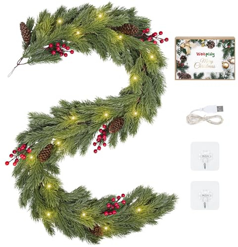 180cm Decorazioni Natalizie, Ghirlanda Natalizia con Luci, Ganci, Bacche e Pigne, Addobbi Natalizi per Interno/Esterno, Camino e Finestra
