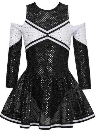 WEQYFDC Barn flickor cheerleading uniform danskostym långärmad off-axel rund hals kontrastfärg glänsande paljetter dansklänning