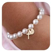 Drogomen Flower Gir Proposal Bracelet, Dainty Pearl Bracelet with Letter M Charm Christian Bracelets Flower Gir Bridesmaid Proposal Wedding Bridal Shower Gifts for Daughter Niece Granddaughter (M)