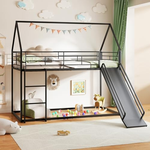 GYMAX Metal Kids Bunk Bed, Children Loft Bed with Slide, Safety Guardrail & Ladder, House Shaped Toddler Bedframe for Boys Girls, No Box Spring Needed (Black, 196 x 195 x 179 cm)