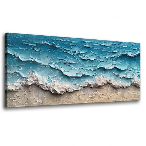 Lupia - Quadro moderno Canvas World ONDE 52x122 cm, Stampa su Tela, Telaio in Legno, per soggiorno capezzale camera da letto ufficio, onde del mare spiaggia