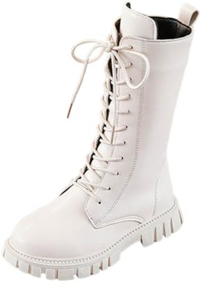 Stivali da ragazza in pelle alti per bambini Stivali stringati Stivali invernali piatti comodi da equitazione stivaletti morbidi alla moda scarpe per bambini, A00 Bianco, 36 EU