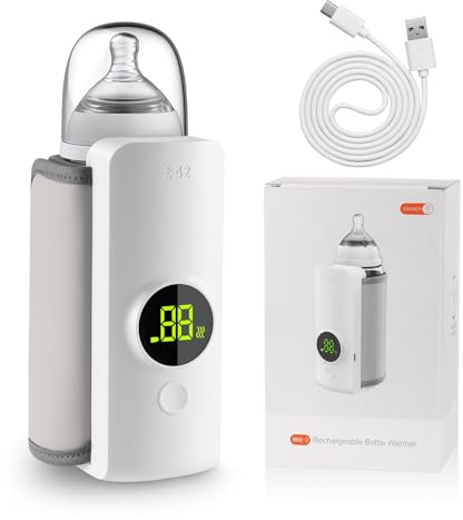 Portable Bottle Warmer, Rechargeable Cordless Baby Bottle Warmer Heater, Fast-Heating Electric Travel Milk Warmers with LCD Display for Breastmilk or Formula, 6 Gears Precise Temperature, 6000mAh