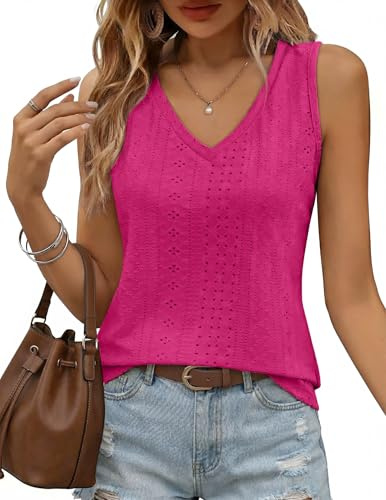 Zeagoo Camiseta Tirantes Mujer Verano Top Elegante Cuello V Blusa sin Mangas Básica Casual Rosa roja XL