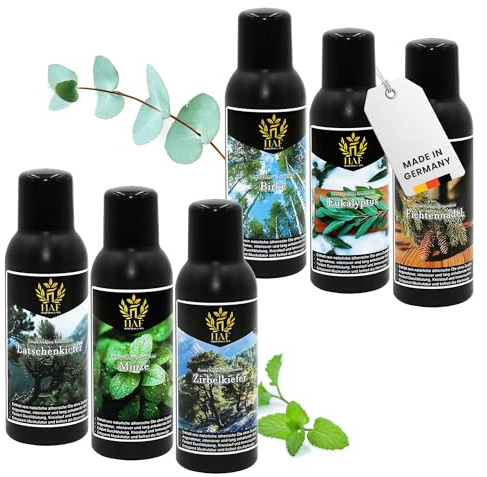 HAF Set di infusioni per sauna Waldfrische – 6 x 250 ml per sauna betulla, eucalipto, ago di abete rosso, pino, menta, pino, profumo per sauna con oli essenziali naturali e senza additivi