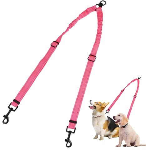 Knallrosa dubbelkoppel för små hundar, dubbelkoppel för 2 hundar med 360°-anti-trassel, justerbar med elastisk dämpning, reflekterande hundkoppel för promenader, vandring och inomhusbruk